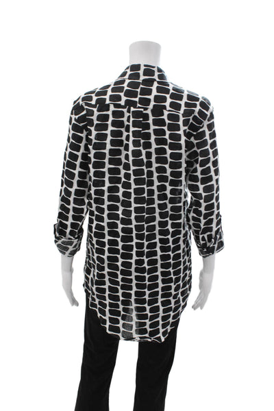 Emily Phillips Women Tunic Button-Up Linen Long Sleeve Black Geometric Size 3