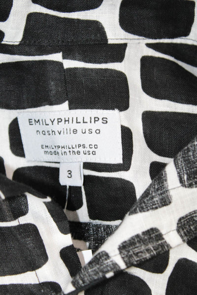 Emily Phillips Women Tunic Button-Up Linen Long Sleeve Black Geometric Size 3