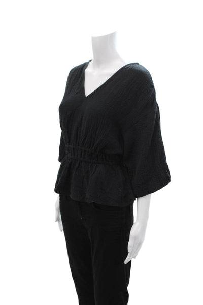 Joes Women Bohemian V-Neck Cotton Blouse Black 3/4 Sleeve Size XS