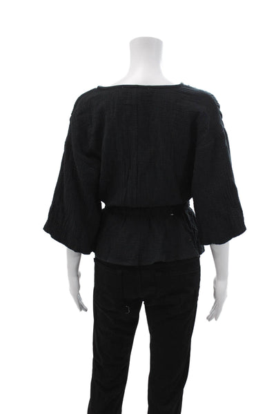 Joes Women Bohemian V-Neck Cotton Blouse Black 3/4 Sleeve Size XS