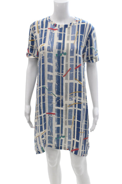 Shan Womens Shift T-Shirt Dress Blue Silk Geometric Short Sleeve Size 4