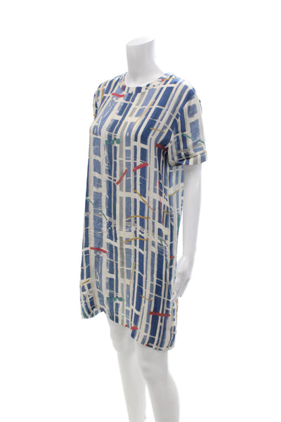 Shan Womens Shift T-Shirt Dress Blue Silk Geometric Short Sleeve Size 4