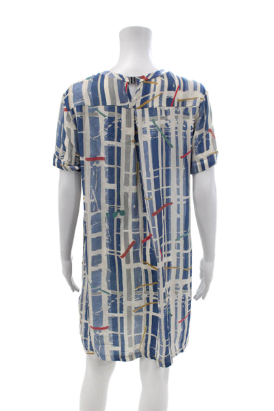 Shan Womens Shift T-Shirt Dress Blue Silk Geometric Short Sleeve Size 4