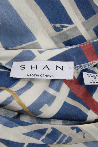 Shan Womens Shift T-Shirt Dress Blue Silk Geometric Short Sleeve Size 4