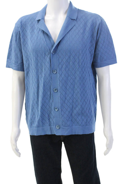 Runaway Mens Cotton Blend Knit Collared Button Up Shirt Blue Size L