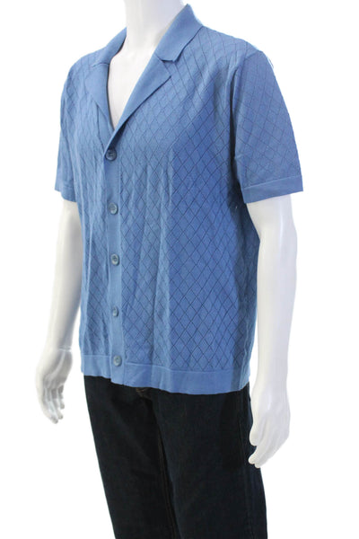Runaway Mens Cotton Blend Knit Collared Button Up Shirt Blue Size L