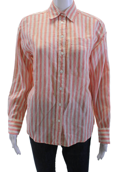 Faherty Women Striped Linen Button-Up Collared Long Sleeve Orange Size 2XS