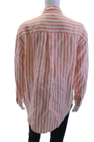 Faherty Women Striped Linen Button-Up Collared Long Sleeve Orange Size 2XS