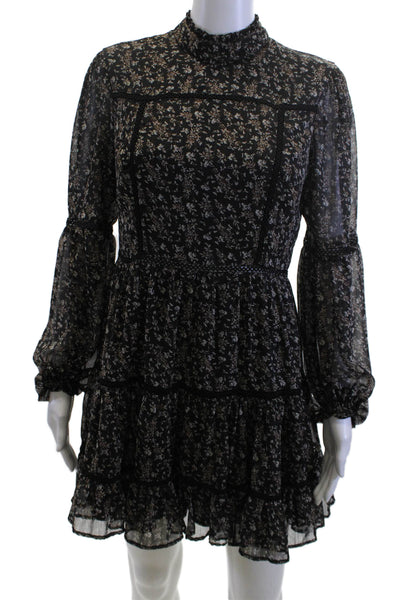 Aqua Women Fit & Flare Dress Black Floral Long Sleeve High Neck Mini Size S