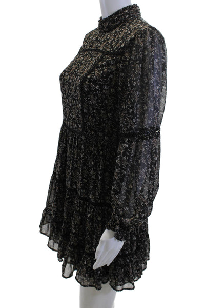 Aqua Women Fit & Flare Dress Black Floral Long Sleeve High Neck Mini Size S