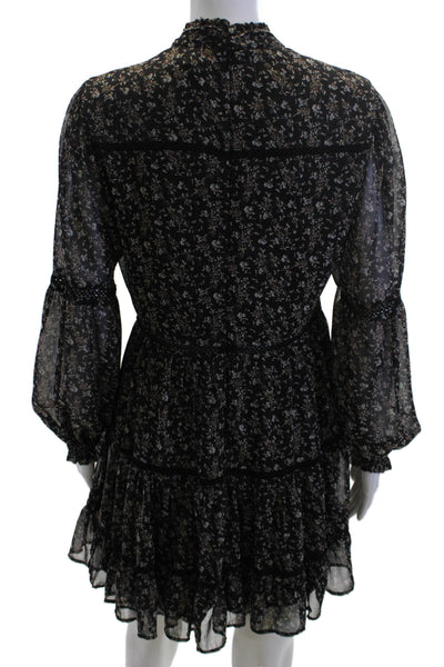 Aqua Women Fit & Flare Dress Black Floral Long Sleeve High Neck Mini Size S