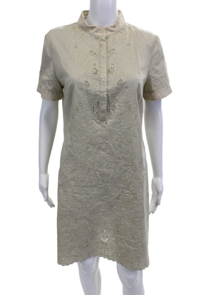 Elie Tahari Women Floral Collared Shirt Dress Beige Short Sleeve Size 10