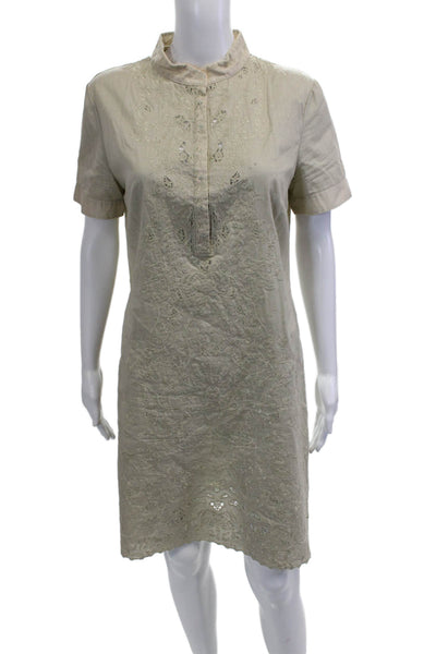 Elie Tahari Women Floral Collared Shirt Dress Beige Short Sleeve Size 10