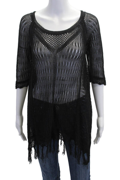 L Space Womens Black Tunic Top 3/4 Sleeve Round Neck Beach Size XS