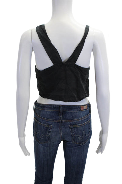 Vitamin A Women Cropped Tank Black Linen Square Neck Sleeveless Boho Size XS