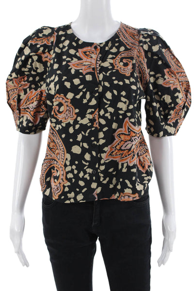 Who Wore What Women Black Paisley Cotton Crew Neck Short Sleeve Blouse Size S