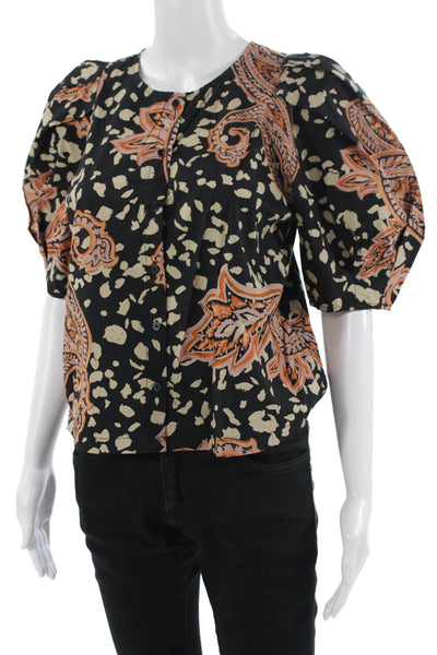 Who Wore What Women Black Paisley Cotton Crew Neck Short Sleeve Blouse Size S