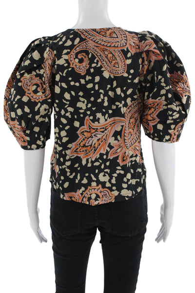 Who Wore What Women Black Paisley Cotton Crew Neck Short Sleeve Blouse Size S