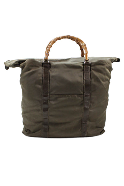 Gucci Womens Solid Bamboo Handle Zip Up Duffle Bag Green