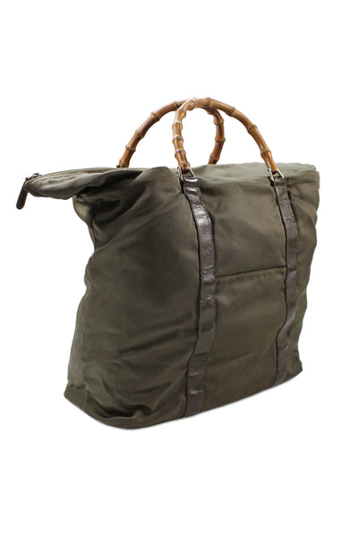 Gucci Womens Solid Bamboo Handle Zip Up Duffle Bag Green