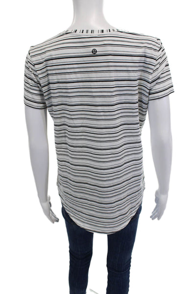 Lululemon Womens V-Neck Striped Jersey T-Shirt Black Short Sleeve Size 8