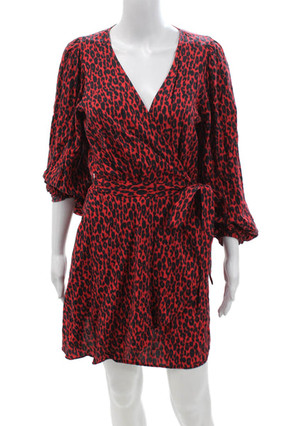 IRO Womens Wrap Mini Dress Red Rayon V-Neck Long Sleeve Animal Print Size 38