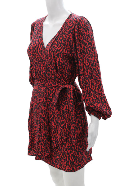 IRO Womens Wrap Mini Dress Red Rayon V-Neck Long Sleeve Animal Print Size 38