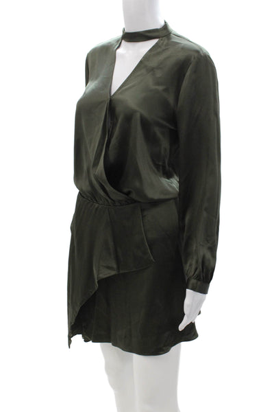 Michelle Mason Womens Green V-Neck Shirt Dress Long Sleeve Button Size 2