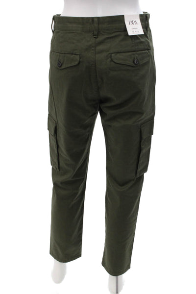 Zara Mens Cropped Cargo Pants Green Button Cotton Elastane Solid Size 36