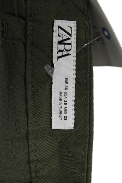 Zara Mens Cropped Cargo Pants Green Button Cotton Elastane Solid Size 36