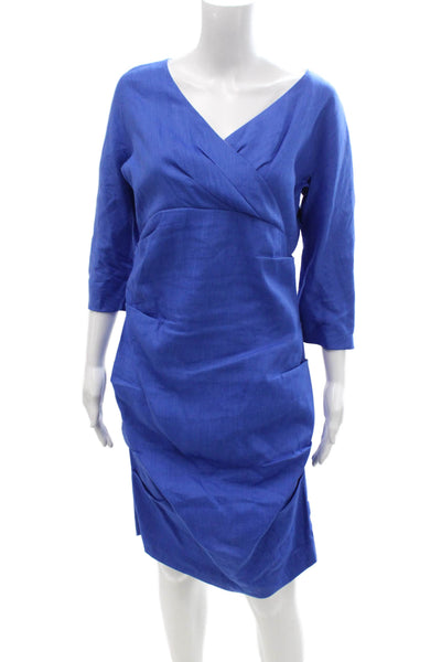 Sara Campbell Women Sheath Wrap Dress Blue V Neck 3/4 Sleeve Knee Length Size 6