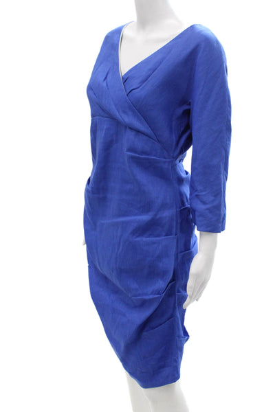 Sara Campbell Women Sheath Wrap Dress Blue V Neck 3/4 Sleeve Knee Length Size 6