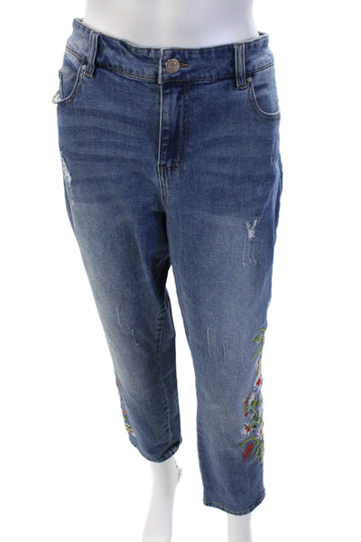 Renuar Women Boyfriend Cropped Jeans Blue Floral High Rise Size 14