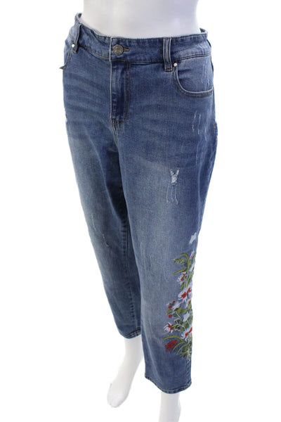 Renuar Women Boyfriend Cropped Jeans Blue Floral High Rise Size 14