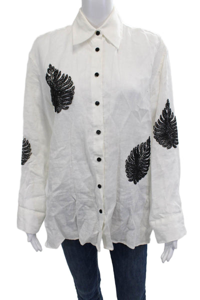 Zara Womens White Collared Linen Blend Button-Up Blouse Long Sleeve Size XS