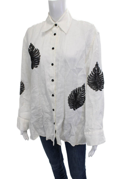 Zara Womens White Collared Linen Blend Button-Up Blouse Long Sleeve Size XS