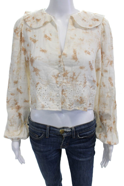 Zara Women Cropped Beige Blouse Button Up Long Sleeve Size XS