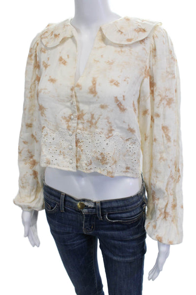 Zara Women Cropped Beige Blouse Button Up Long Sleeve Size XS