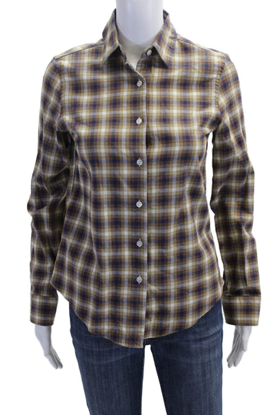 Sharis Place Women Plaid Collared Button-Up Long Sleeve Beige Cotton Size 40