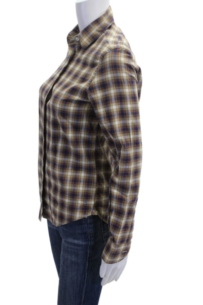 Sharis Place Women Plaid Collared Button-Up Long Sleeve Beige Cotton Size 40