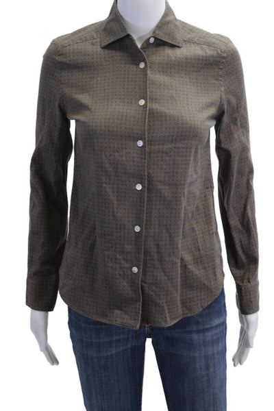 Sharis Place Women Collared Geometric Brown Button-Up Blouse Size 40
