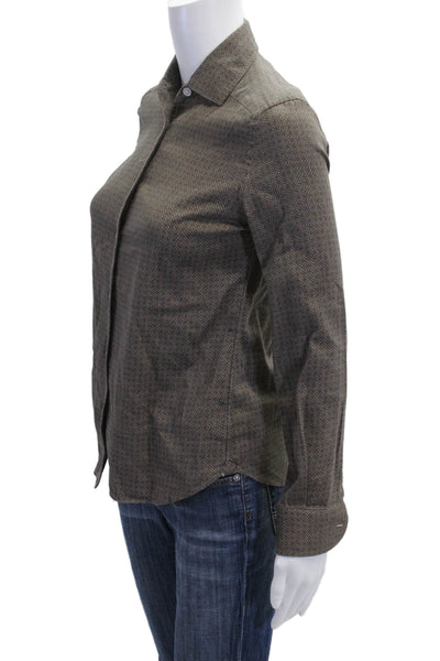 Sharis Place Women Collared Geometric Brown Button-Up Blouse Size 40