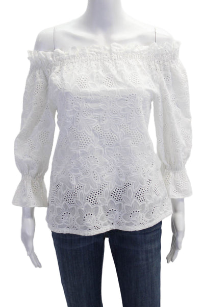 Danielle Fichera Women Bohemian Floral Cotton Blouse 3/4 Sleeve White Size XS