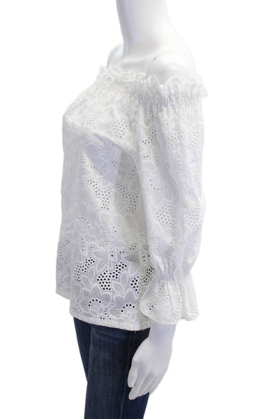 Danielle Fichera Women Bohemian Floral Cotton Blouse 3/4 Sleeve White Size XS