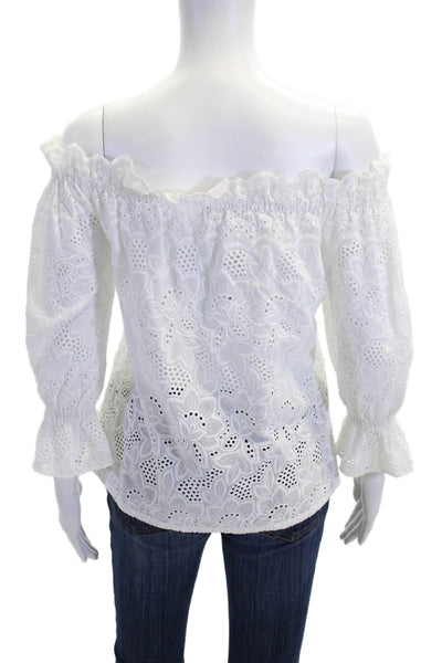 Danielle Fichera Women Bohemian Floral Cotton Blouse 3/4 Sleeve White Size XS