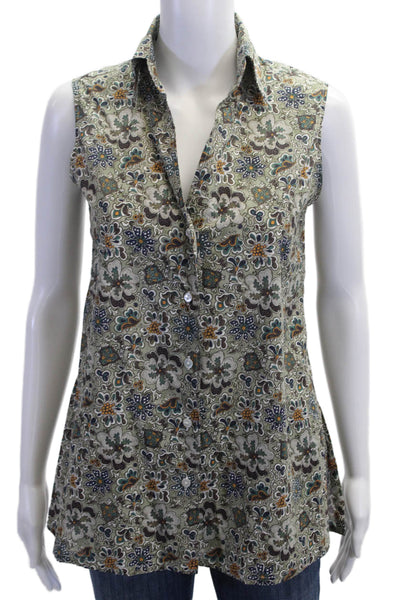 Sharis Place Women Green Floral Collared Sleeveless Tunic Button-Up Size 38