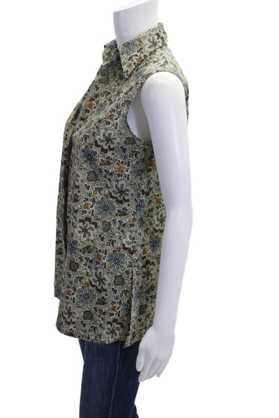 Sharis Place Women Green Floral Collared Sleeveless Tunic Button-Up Size 38