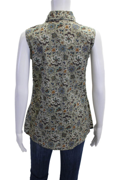 Sharis Place Women Green Floral Collared Sleeveless Tunic Button-Up Size 38