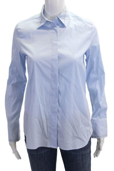 Sharis Place Womens Collared Light Blue Cotton Button-Up Longsleeve Size 40