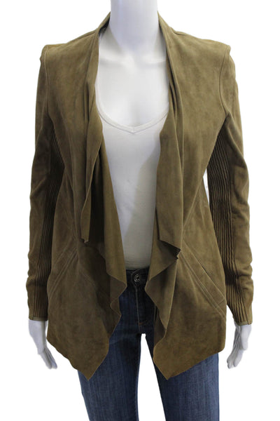 Sharis Place Women Suede Brown Army Blazer Long Sleeve Solid Size 4